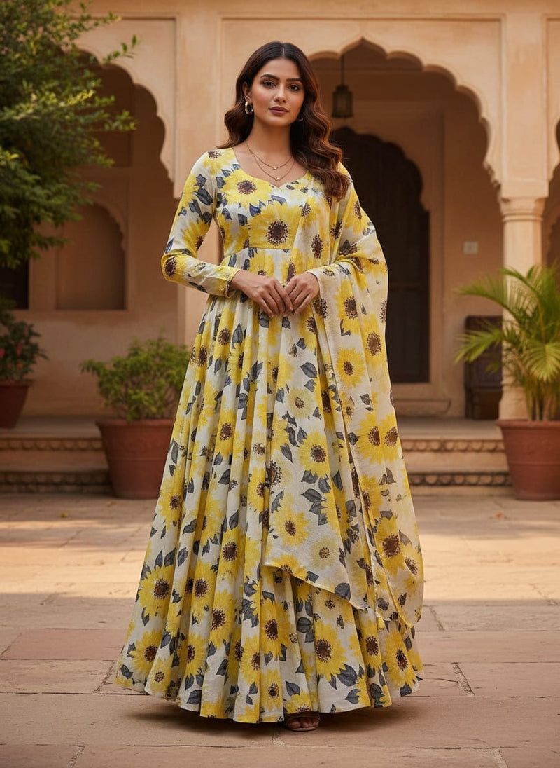 Morden Classic Yellow Sunflower Digital Printed Fabric - Silk Crepe