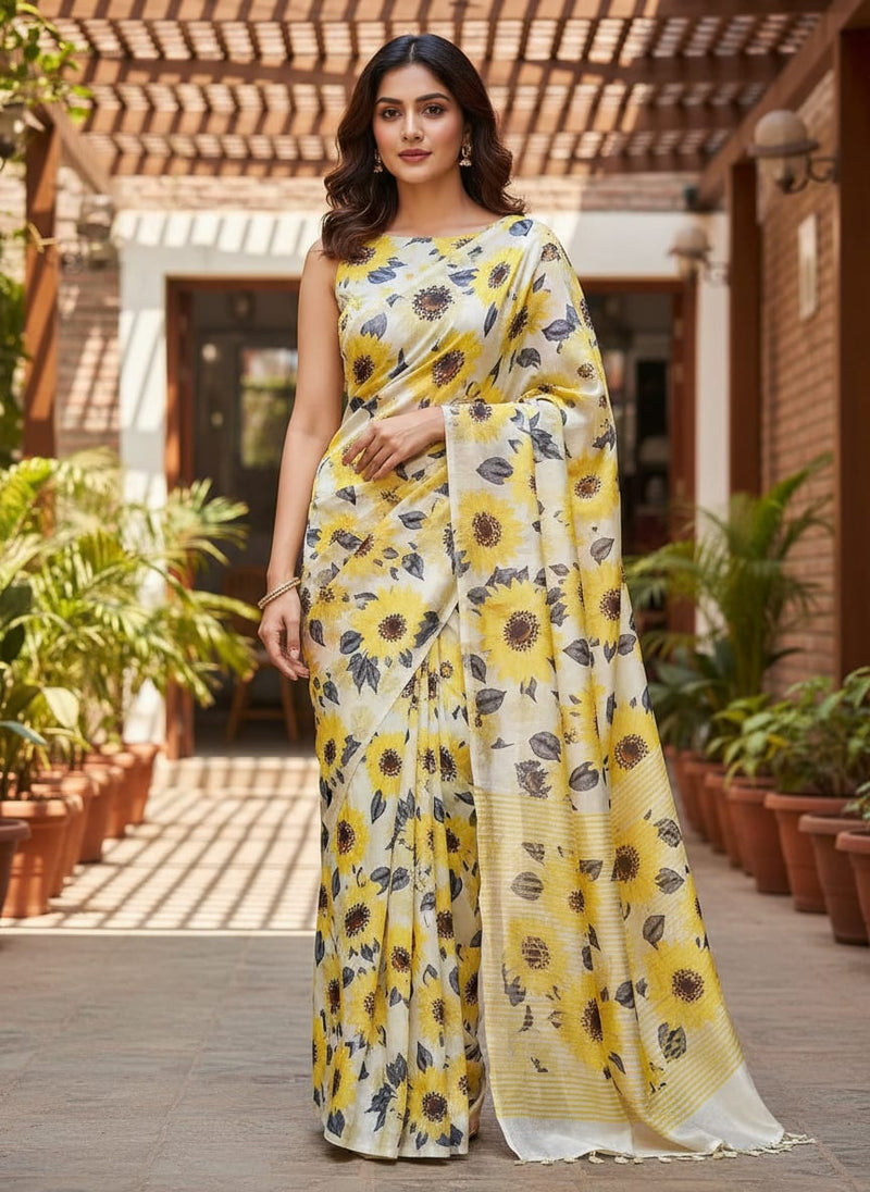 Morden Classic Yellow Sunflower Digital Printed Fabric - Silk Crepe
