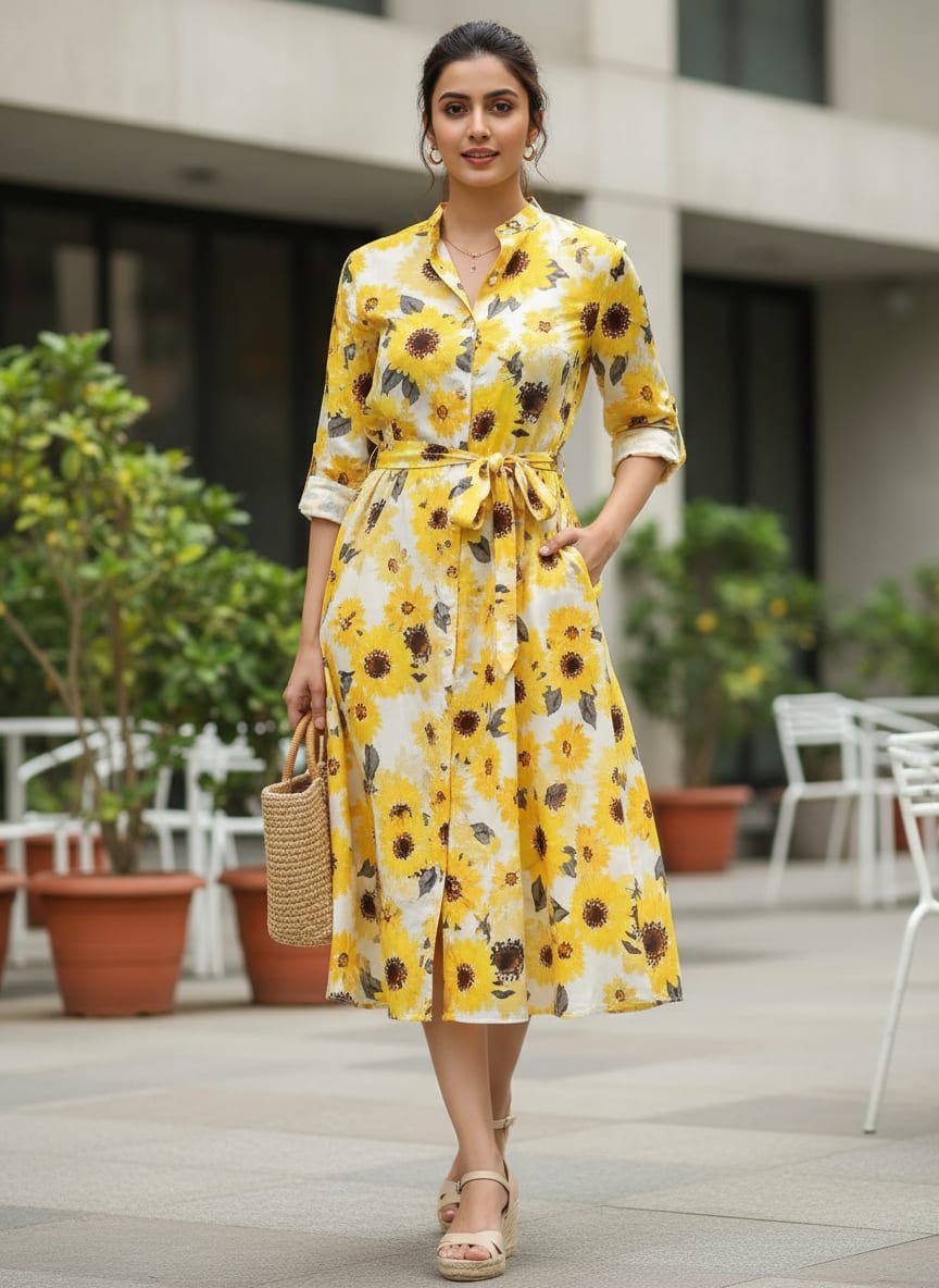 Yellow Watercolor Sunflower Floral Pure Cotton Digital Printed Fabric
