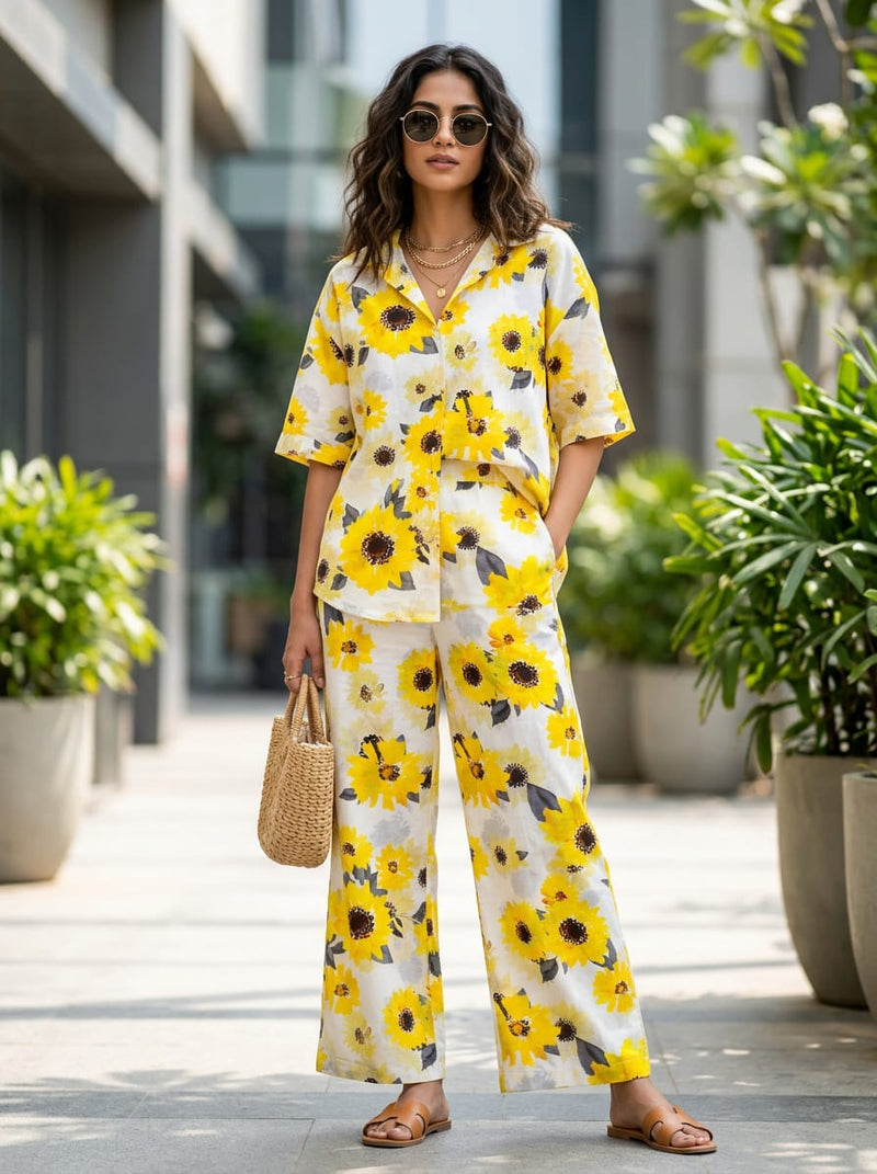 Yellow Watercolor Sunflower Floral Pure Cotton Digital Printed Fabric