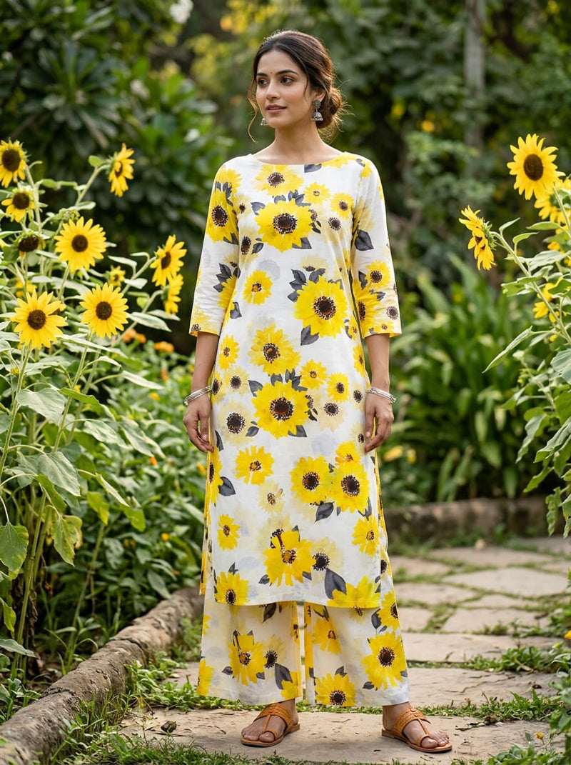 Yellow Watercolor Sunflower Floral Pure Cotton Digital Printed Fabric