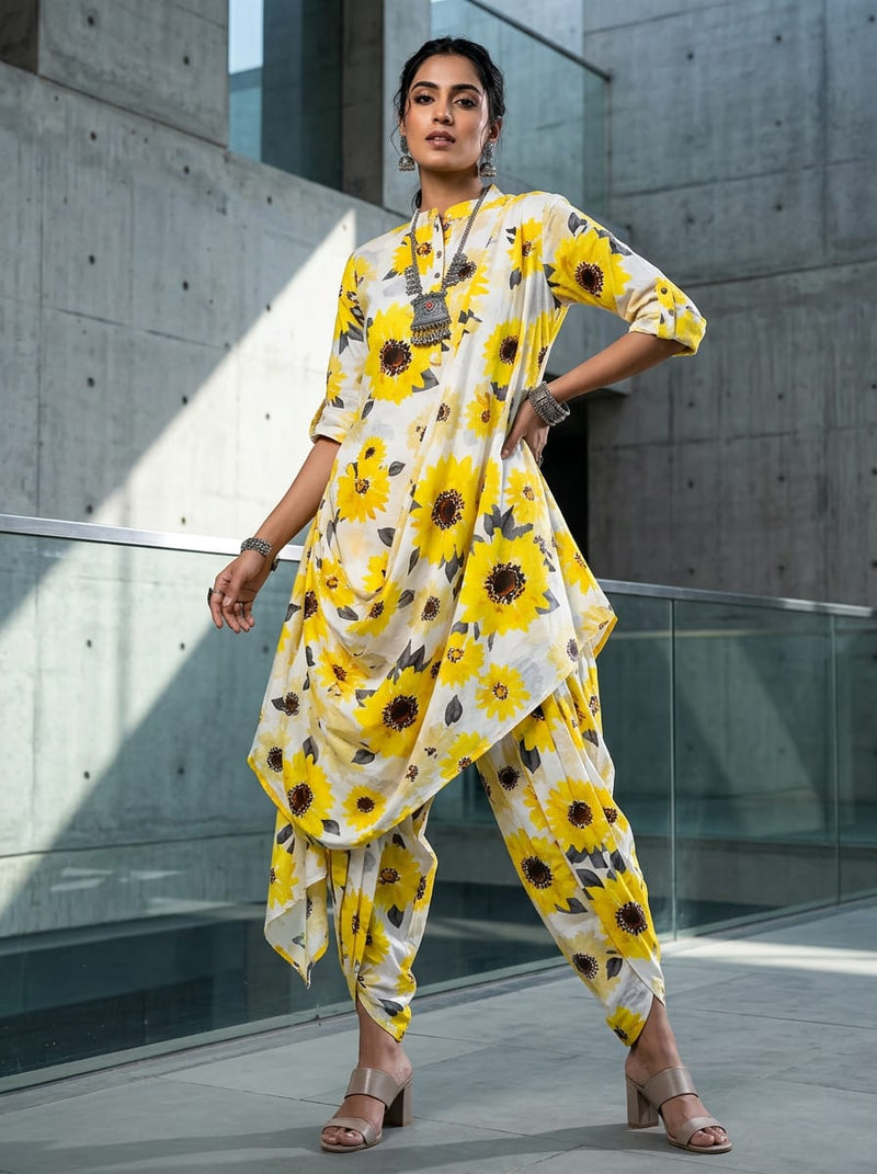 Yellow Watercolor Sunflower Floral Pure Cotton Digital Printed Fabric