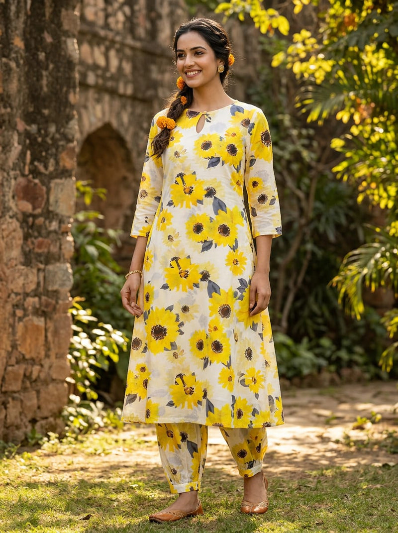 Yellow Watercolor Sunflower Floral Pure Cotton Digital Printed Fabric