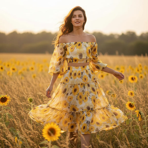 Morden Classic Yellow Sunflower Digital Printed Fabric - Pure Georgette - alternate view