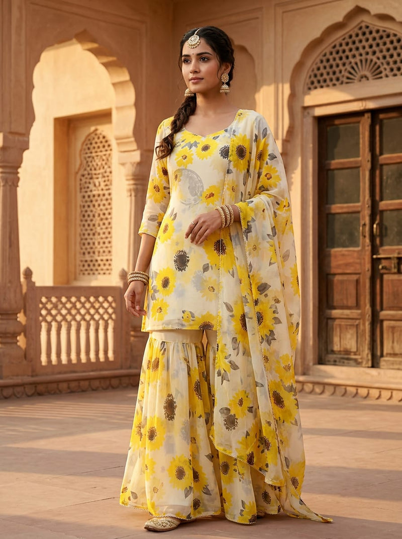 Yellow Watercolor Sunflower Pure Georgette Digital Printed Fabric