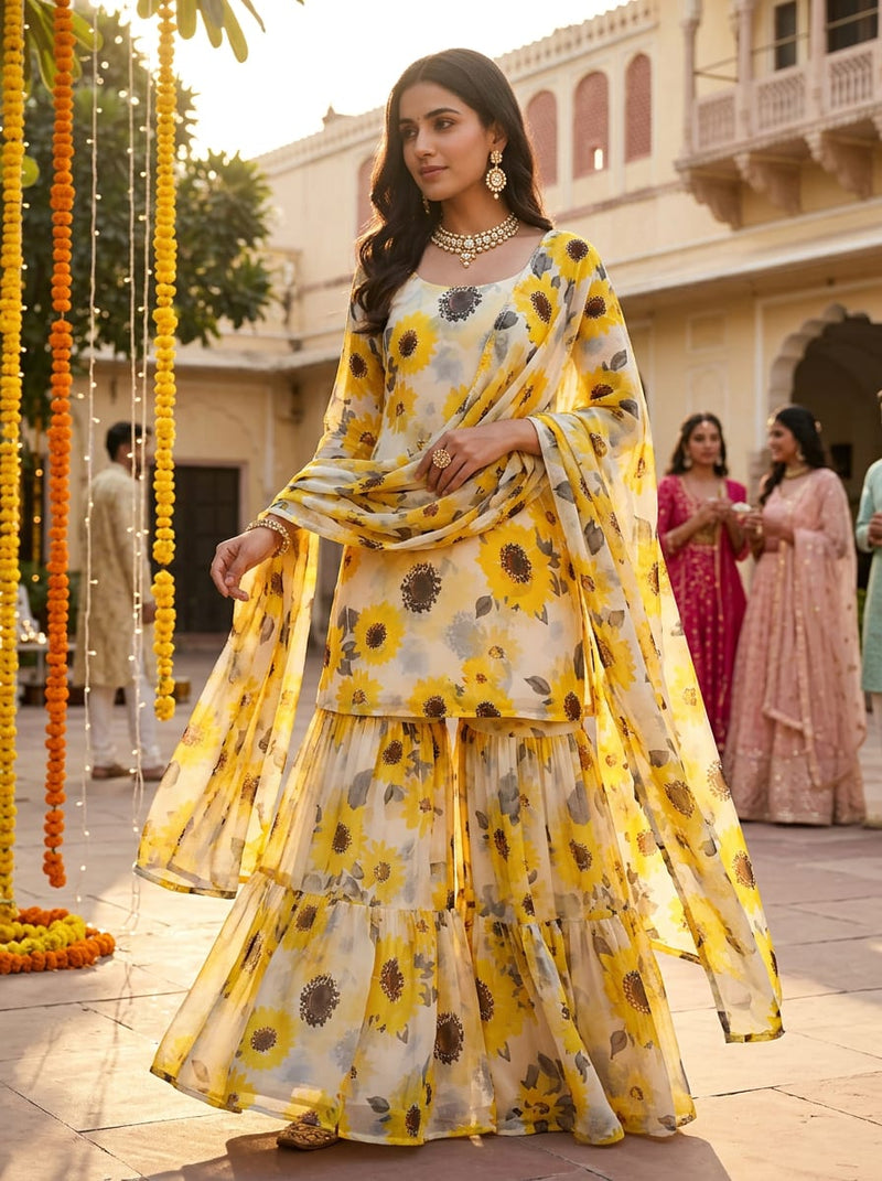Yellow Watercolor Sunflower Pure Georgette Digital Printed Fabric