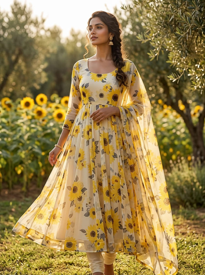 Yellow Watercolor Sunflower Pure Georgette Digital Printed Fabric