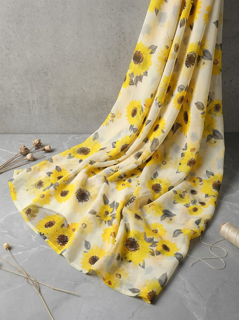 Yellow Watercolor Sunflower Pure Georgette Digital Printed Fabric