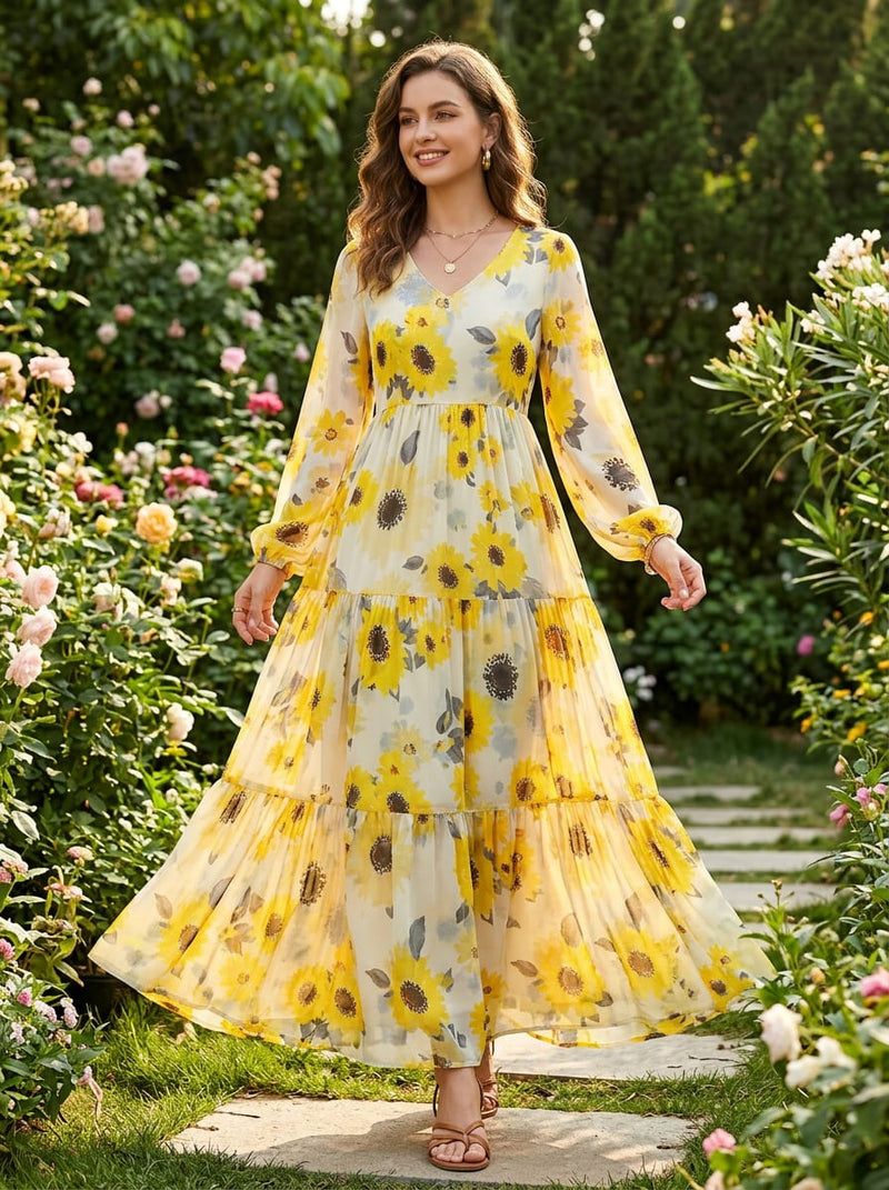 Yellow Watercolor Sunflower Pure Georgette Digital Printed Fabric