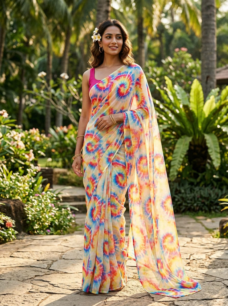 Multicolor Spiral Tie-Dye Weightless Digital Printed Fabric