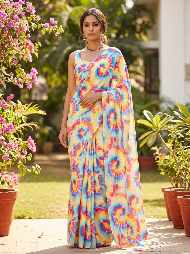 Multicolor Vibrant Tie-Dye Swirls Silk Crepe Digital Printed Fabric