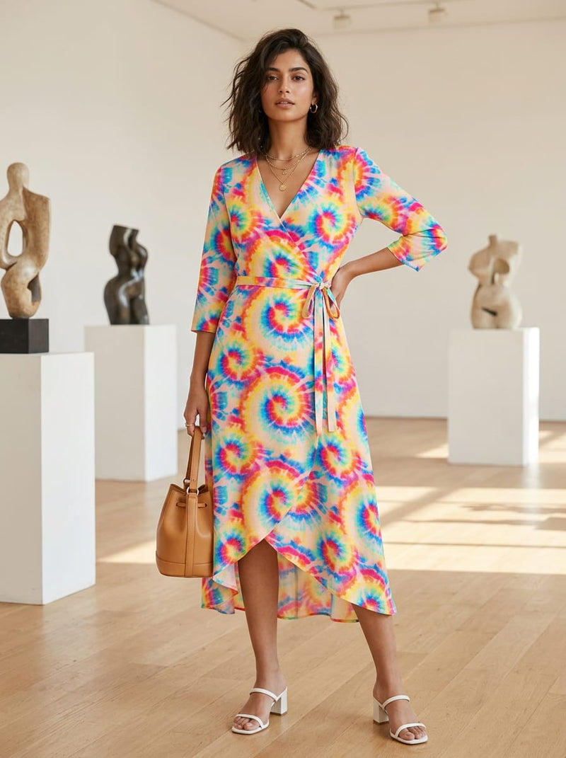 Multicolor Vibrant Tie-Dye Swirls Silk Crepe Digital Printed Fabric