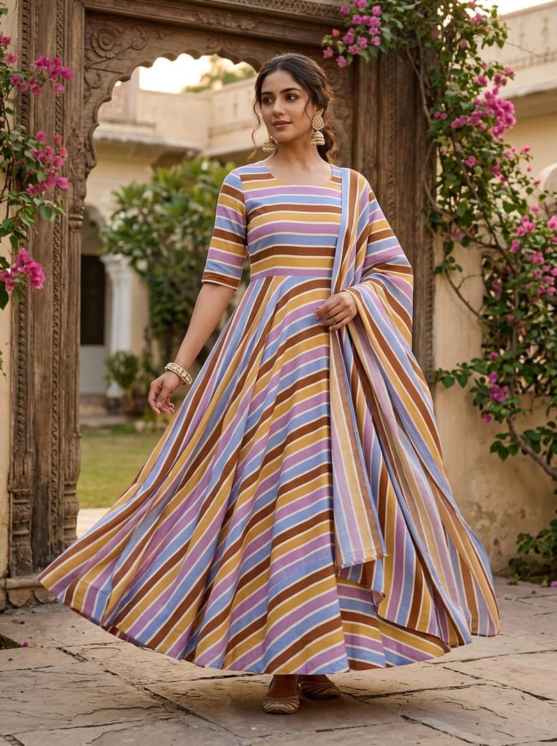 Multicolor Vintage Color Stripes Weightless Digital Printed Fabric