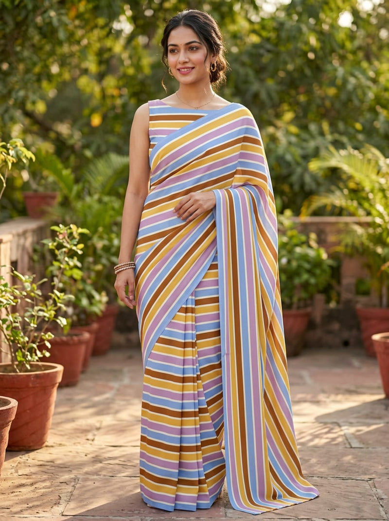 Multicolor Vintage Color Stripes Weightless Digital Printed Fabric