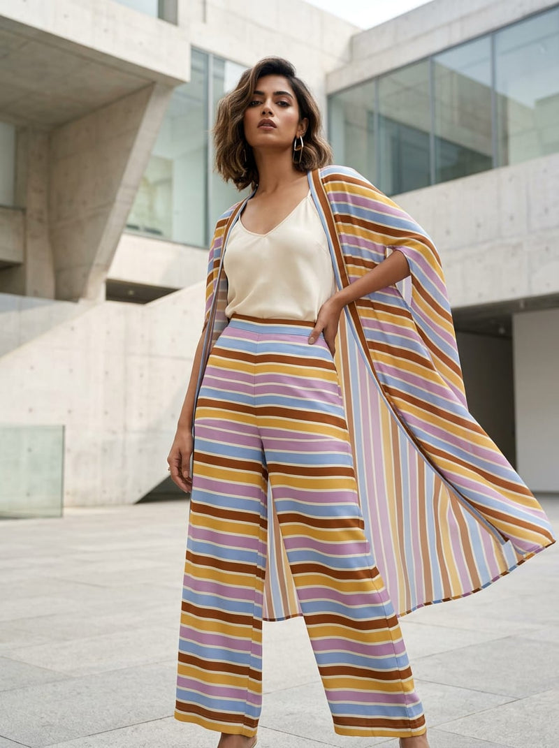 Multicolor Vintage Color Stripes Weightless Digital Printed Fabric