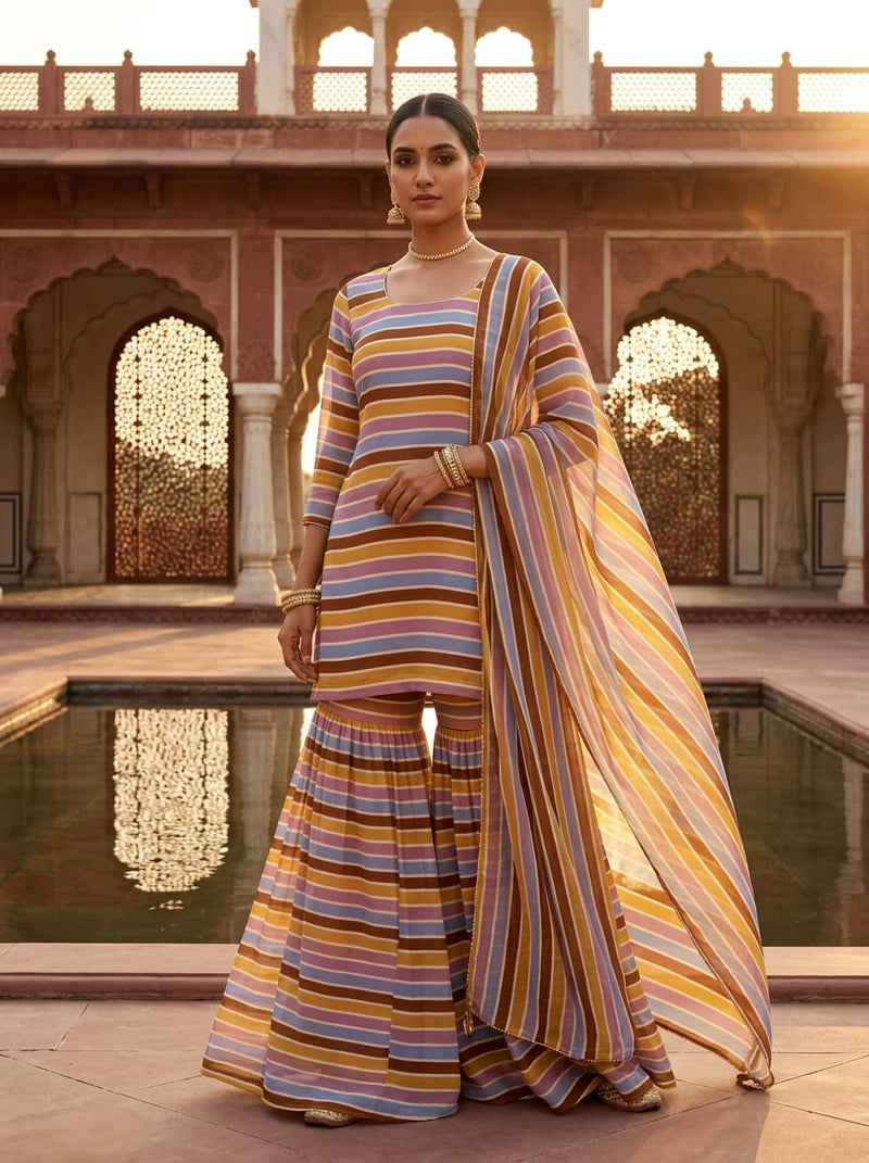 Multicolor Retro Stripe Pure Georgette Digital Printed Fabric