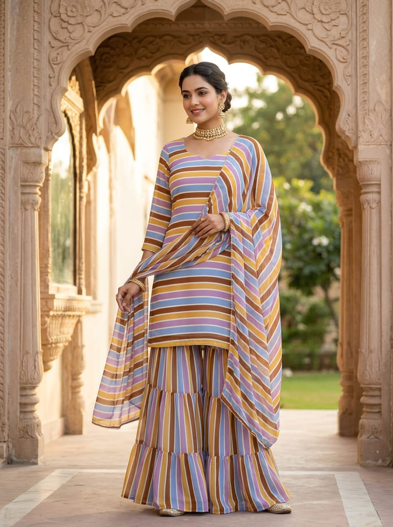 Multicolor Retro Stripe Pure Georgette Digital Printed Fabric