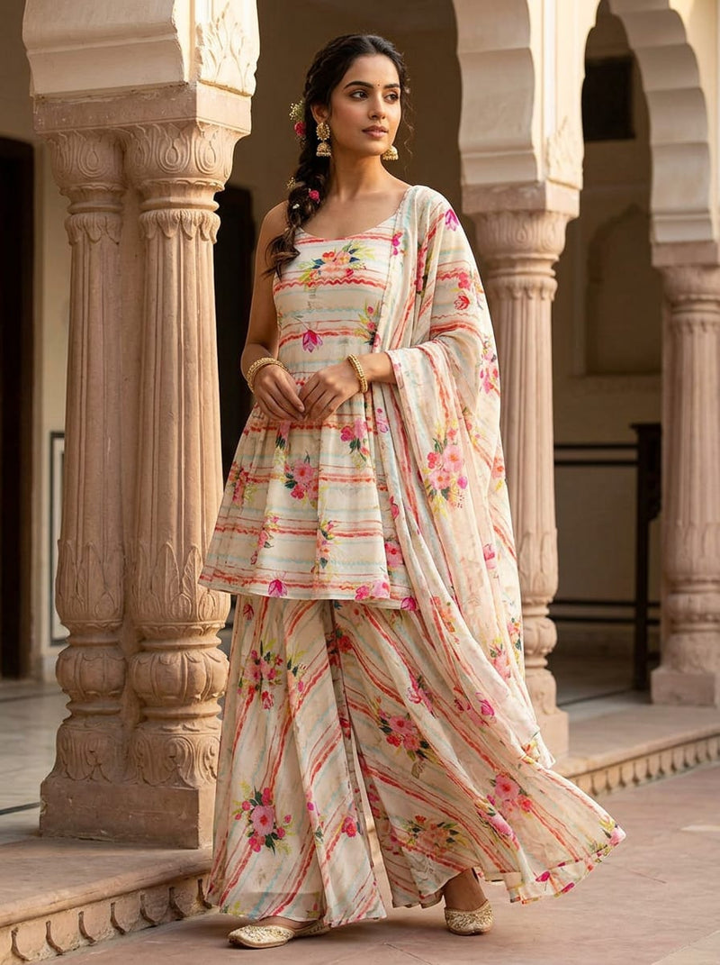 Multicolor Watercolor Floral Stripe Pure Georgette Digital Printed Fabric