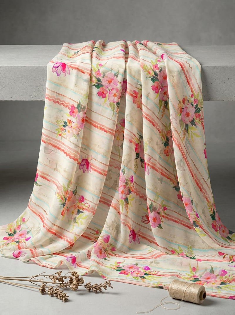 Multicolor Watercolor Floral Stripe Pure Georgette Digital Printed Fabric