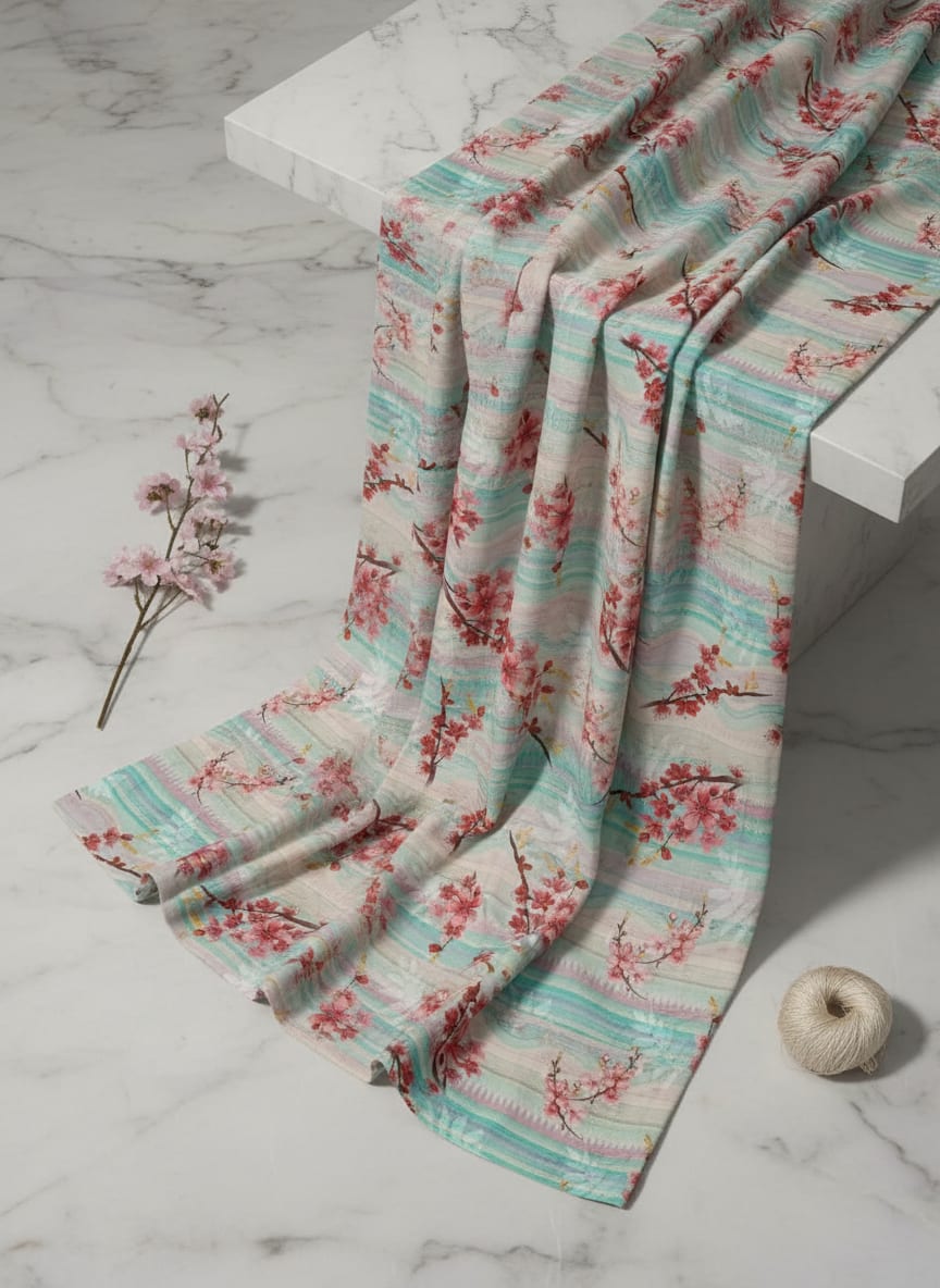 Red Spring With Decorative Background Digital Printed Fabric - Japan Satin