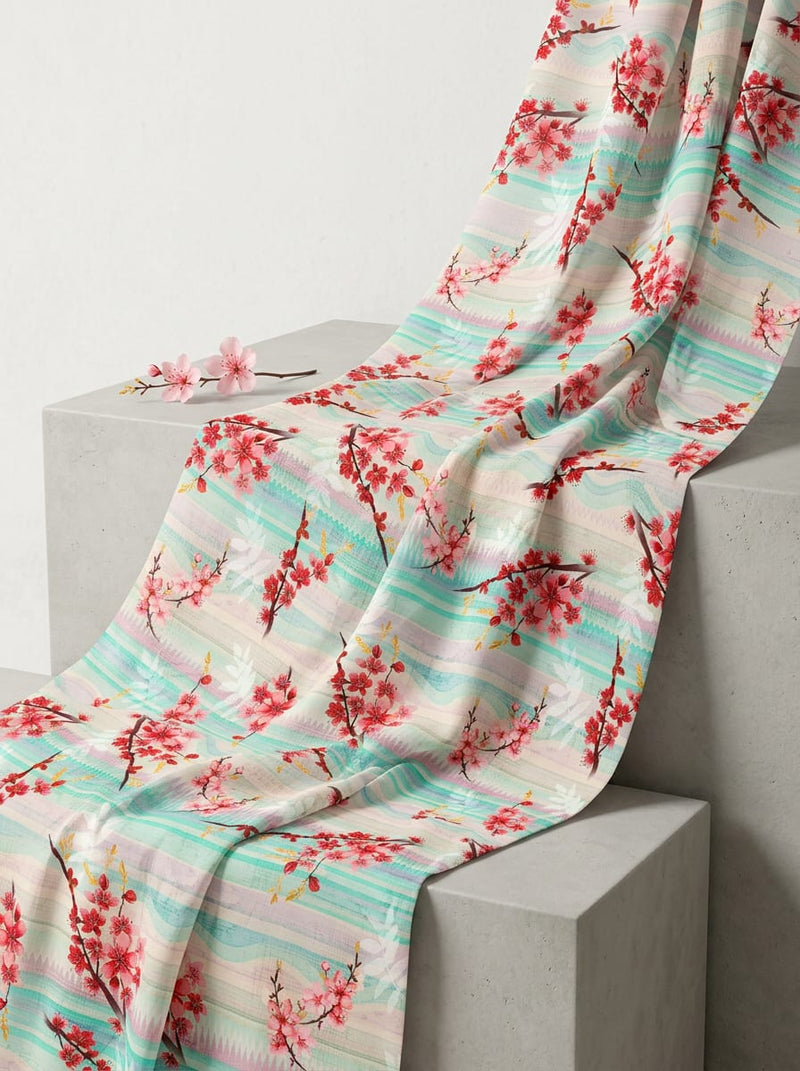 Multicolor Cherry Blossom Floral on Striped Background Weightless Digital Printed Fabric