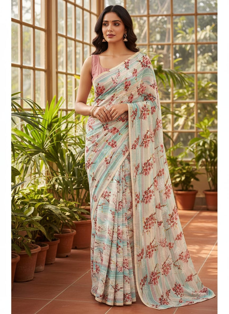 Red Spring With Decorative Background Digital Printed Fabric - Silk Crepe