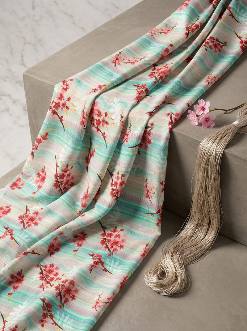 Multicolor Cherry Blossom Floral on Wavy Stripes Silk Crepe Digital Printed Fabric