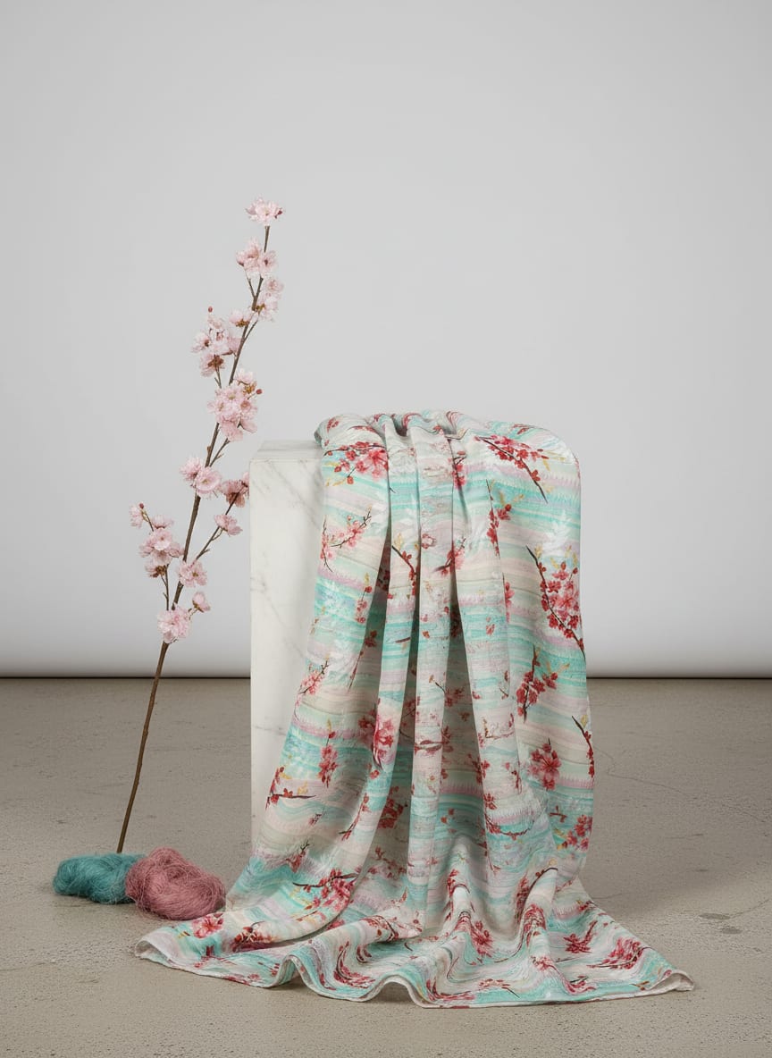 Multicolor Cherry Blossom Floral on Abstract Stripes Pure Cotton Digital Printed Fabric