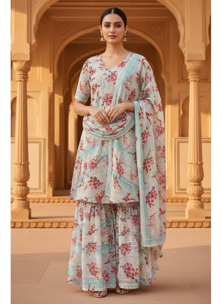 Red Spring With Decorative Background Digital Printed Fabric - Pure Georgette