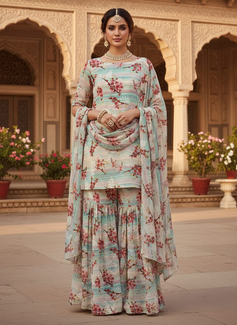 Red Spring With Decorative Background Digital Printed Fabric - Pure Georgette
