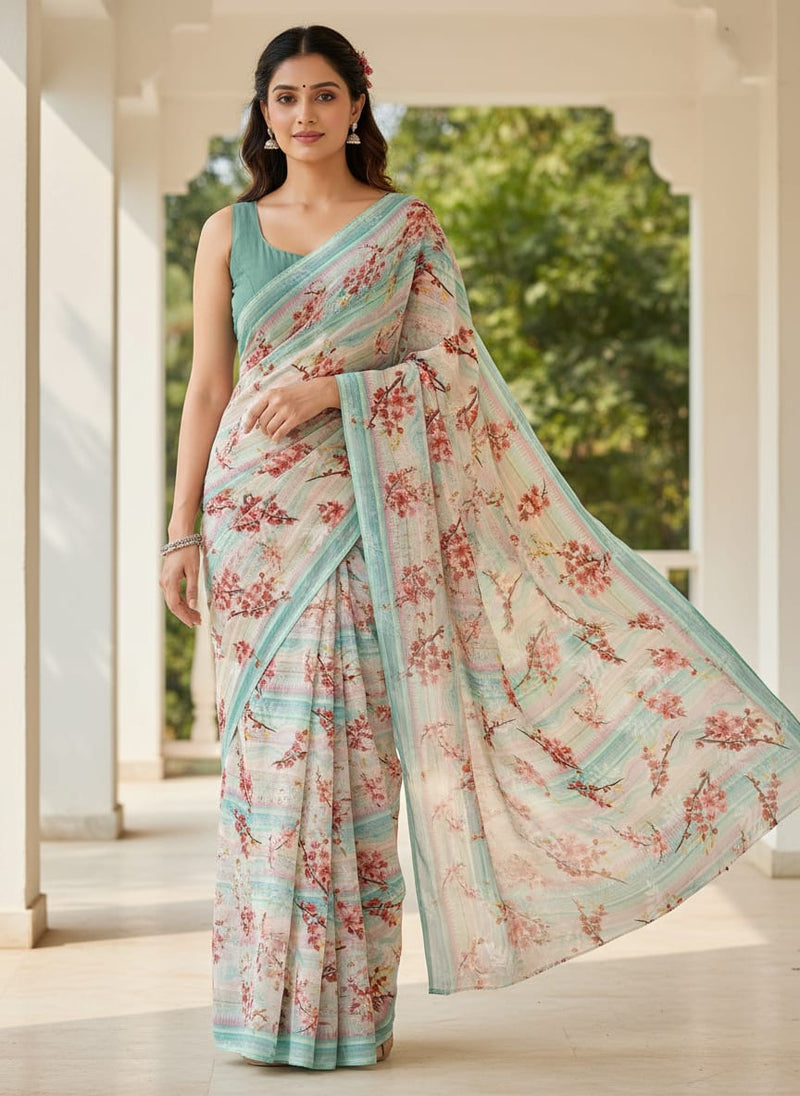 Red Spring With Decorative Background Digital Printed Fabric - Pure Georgette