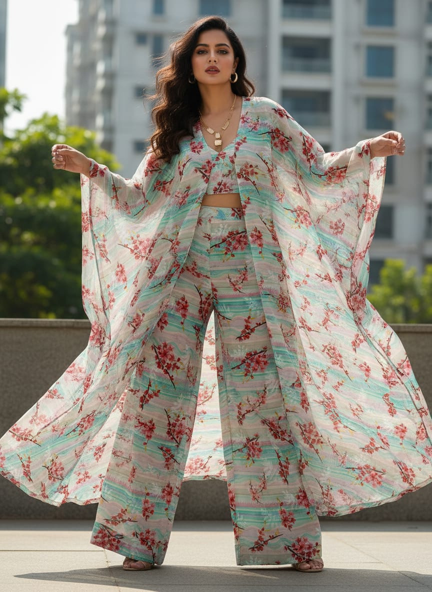 Multicolor Cherry Blossom Floral Pure Georgette Digital Printed Fabric