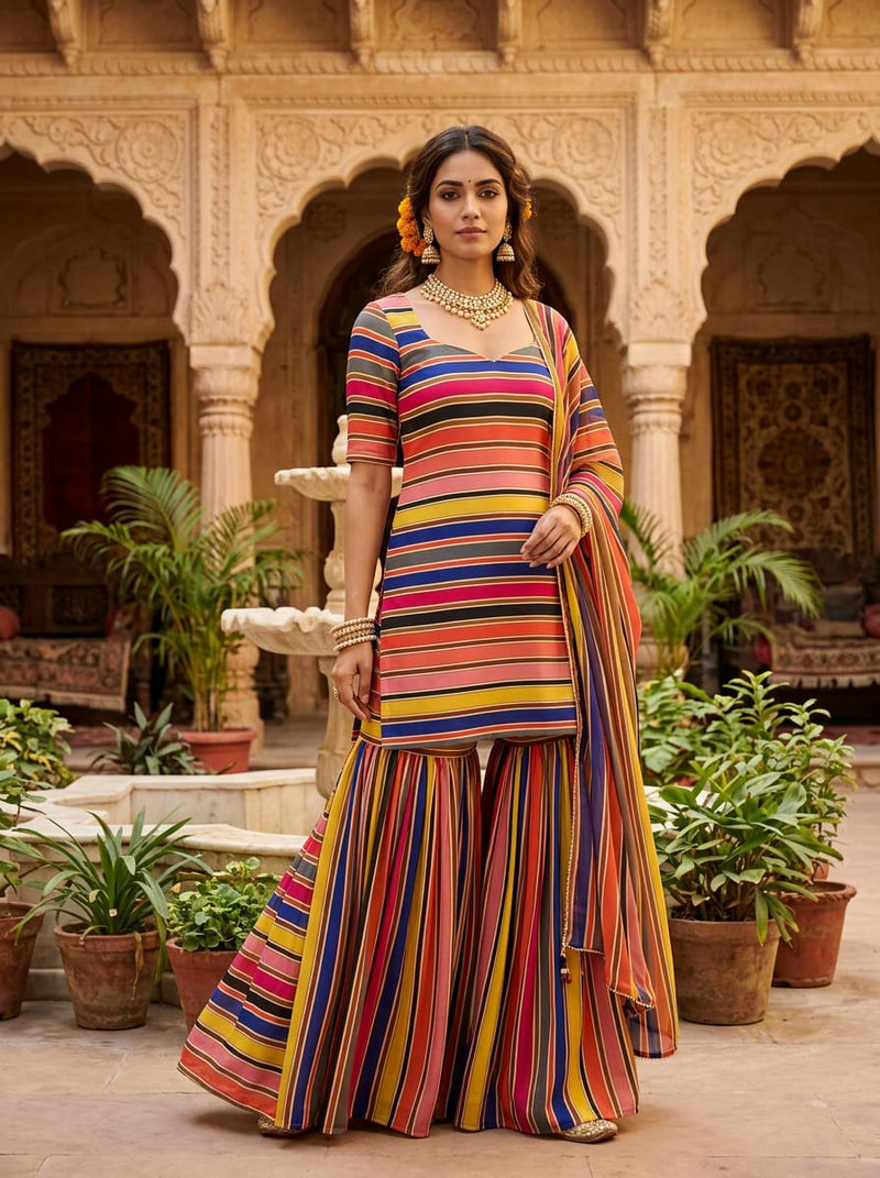 Multicolor Colorful Bold Stripes Weightless Digital Printed Fabric