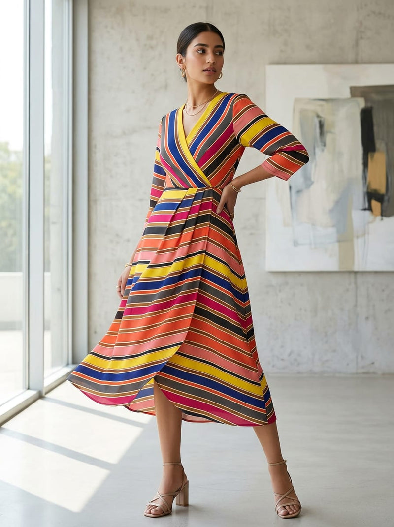 Multicolor Colorful Bold Stripes Weightless Digital Printed Fabric