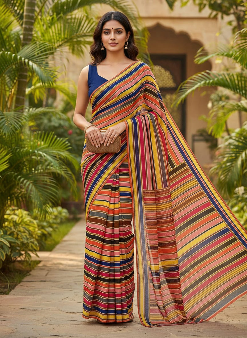 Multicolour Regimental Strips Digital Printed Fabric - Pure Georgette
