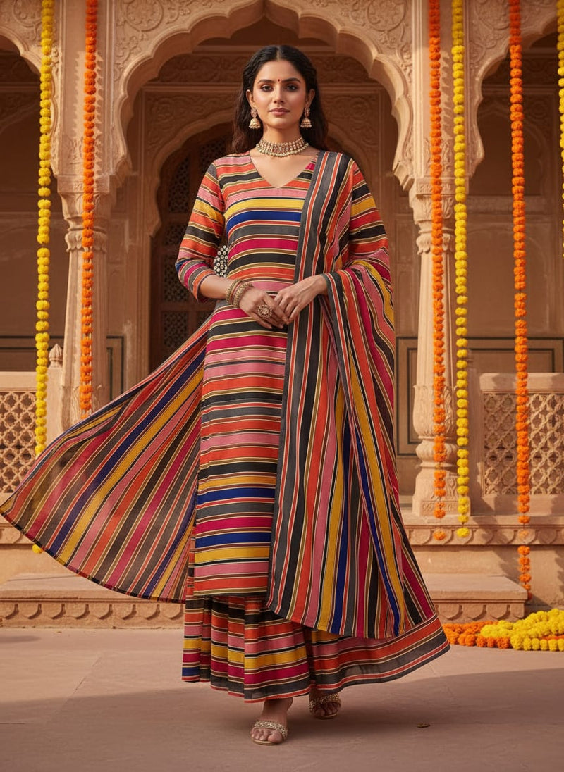 Multicolour Regimental Strips Digital Printed Fabric - Pure Georgette