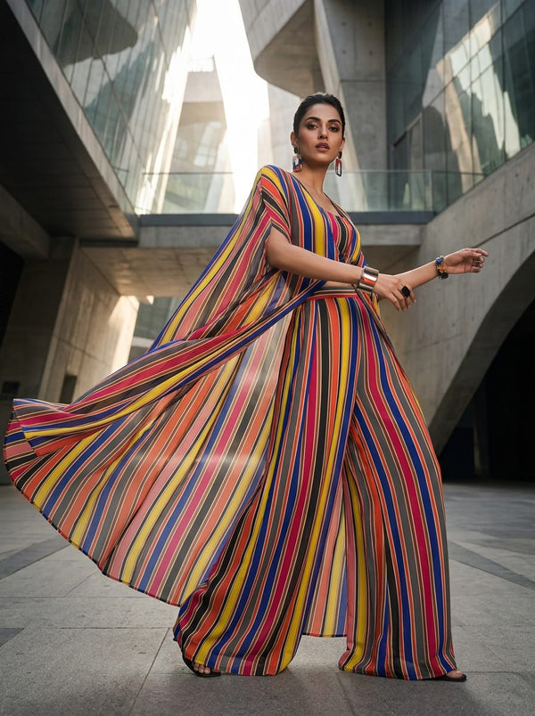 Multicolor Vibrant Horizontal Stripes Pure Chinon Digital Printed Fabric - Cape with Palazzo Lookbook - PC-0-TA08324P1-106 - alternate view