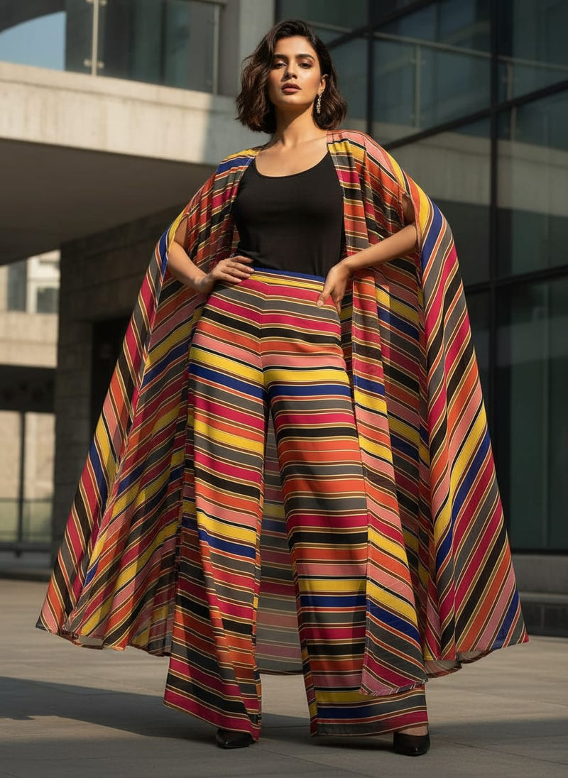 Multicolour Regimental Strips Digital Printed Fabric - Pure Chiffon