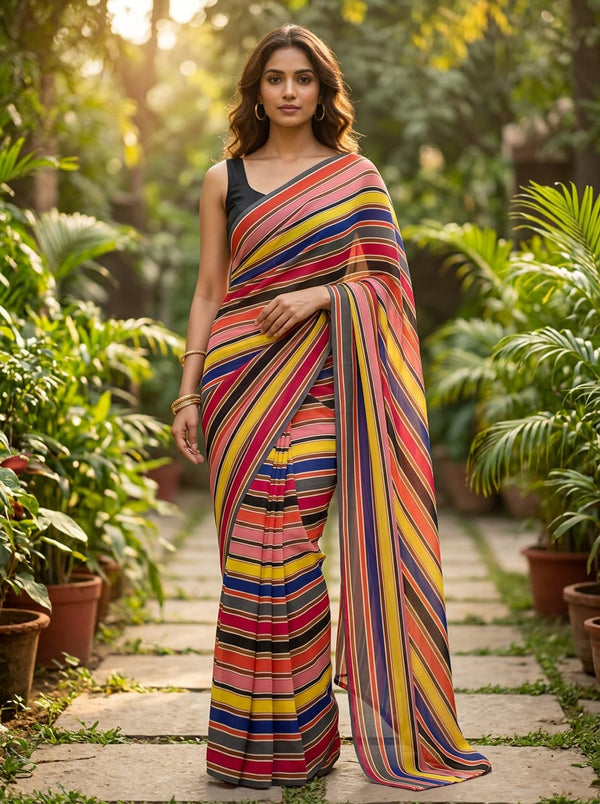 Multicolor Colorful Horizontal Stripes Pure Chiffon Digital Printed Fabric - Saree Lookbook - PCH-0-TA08324P1-96 - alternate view
