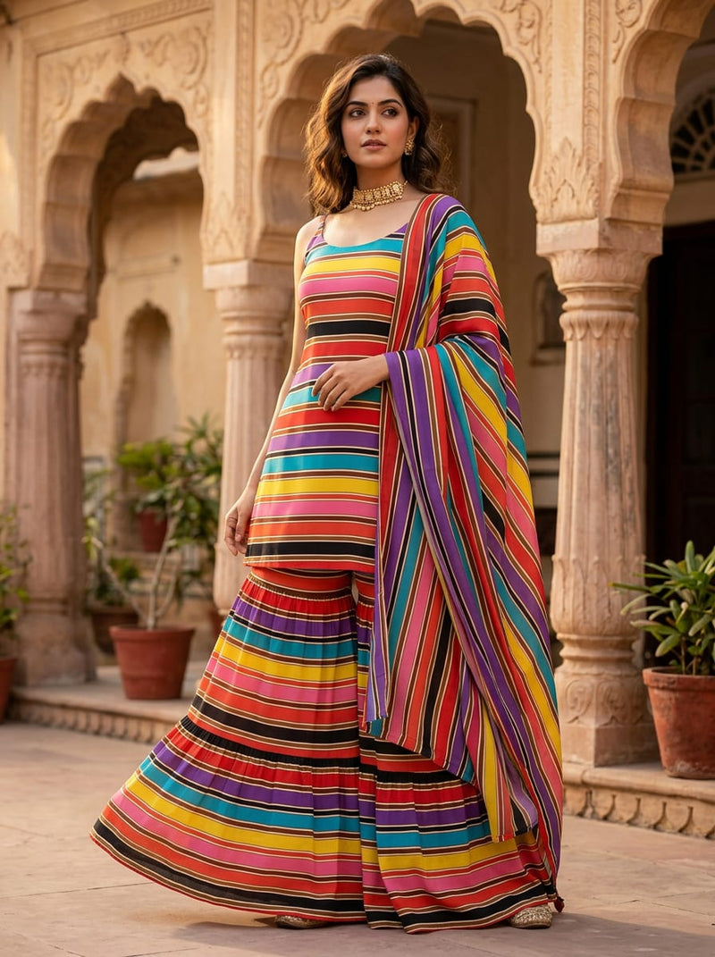 Multicolor Bold Colorful Stripes Weightless Digital Printed Fabric