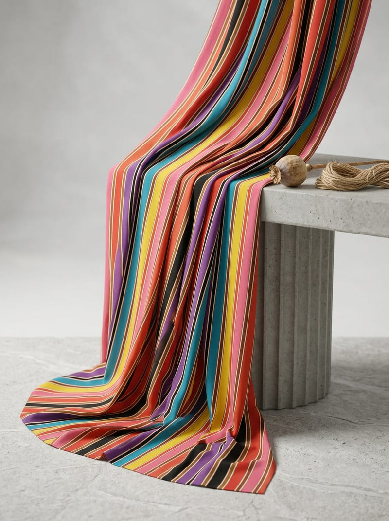 Multicolor Bold Colorful Stripes Weightless Digital Printed Fabric