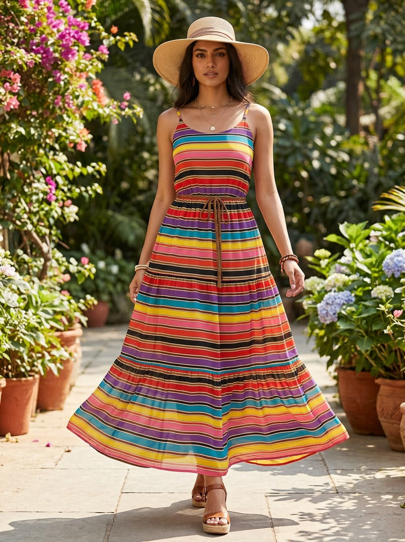 Multicolor Vibrant Colorful Horizontal Stripes Pure Georgette Digital Printed Fabric
