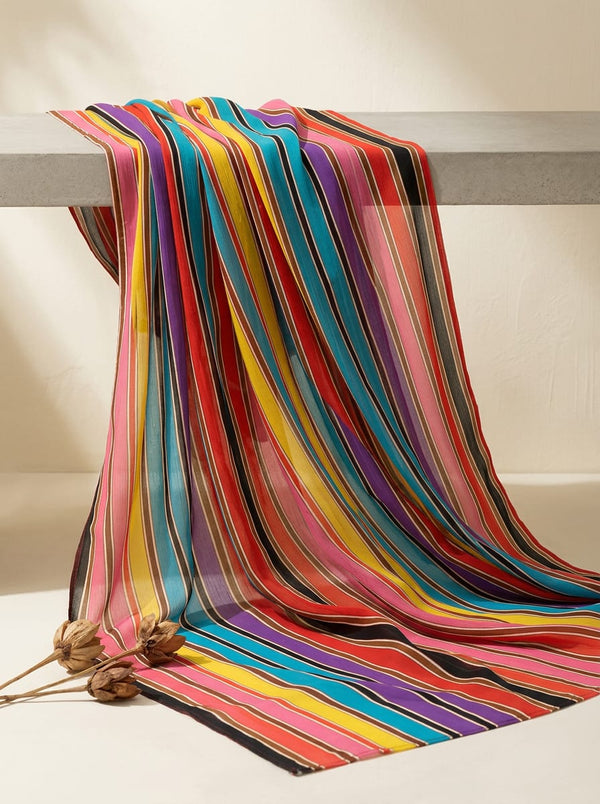 Multicolor Vibrant Colorful Horizontal Stripes Pure Georgette Digital Printed Fabric - Fabric Editorial Studio Flatlay Lookbook - PG-0-TA08324P3-110