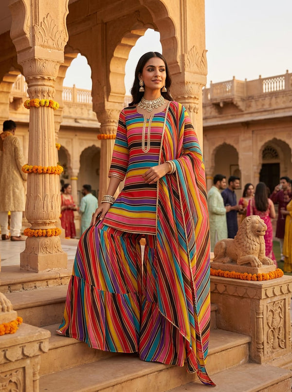 Multicolor Vibrant Colorful Horizontal Stripes Pure Georgette Digital Printed Fabric - Sharara Set Lookbook - PG-0-TA08324P3-110 - alternate view