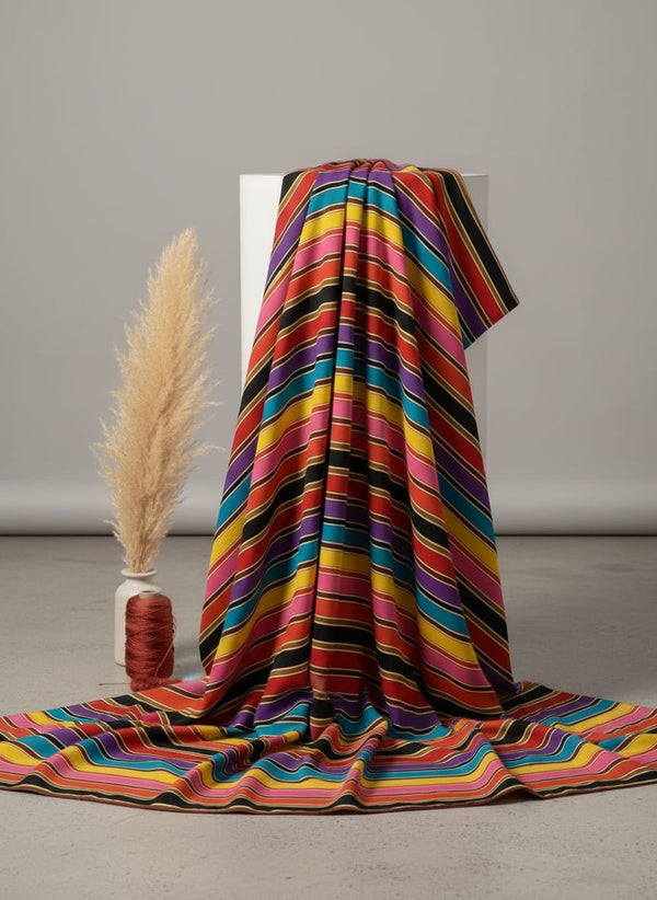 Coolest Regimental Strips Multicolour Digital Printed Fabric - Pure Chinon - Fabric Editorial Studio Flatlay Lookbook - PC-0-TA08324P3-106