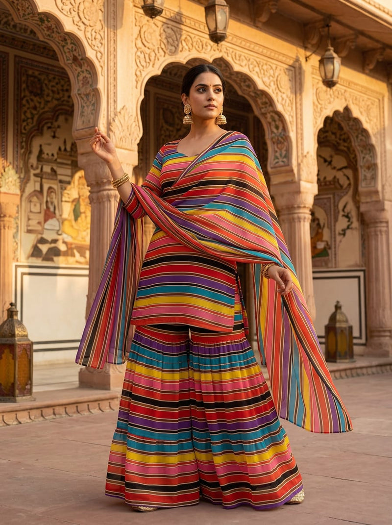 Multicolor Vibrant Multi-Stripe Pure Chiffon Digital Printed Fabric