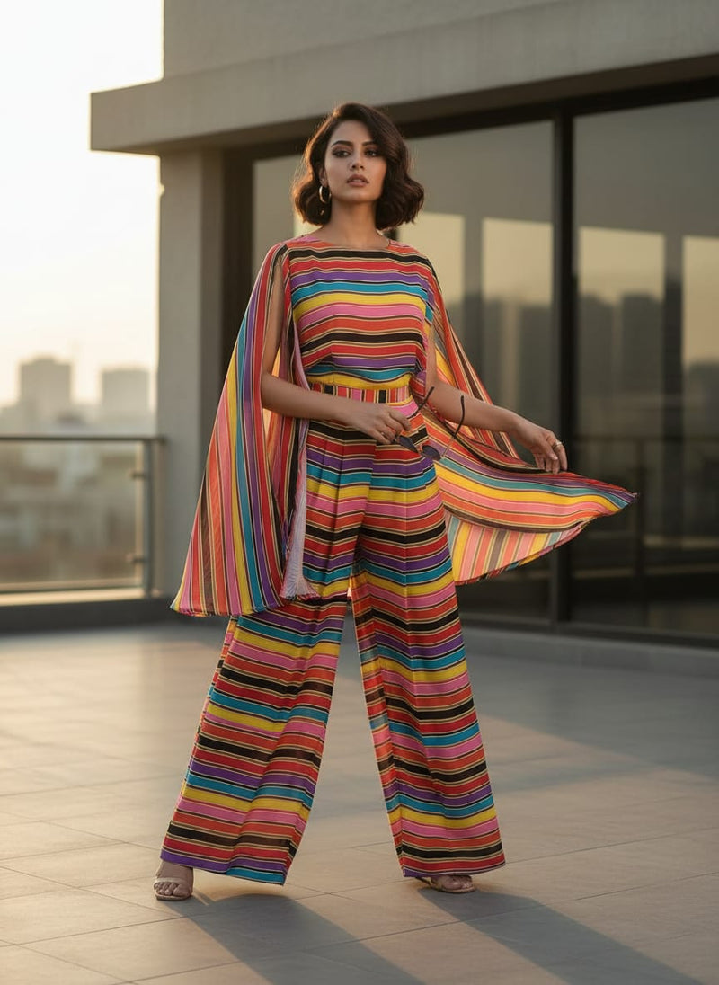 Coolest Regimental Strips Multicolour Digital Printed Fabric - Pure Chiffon