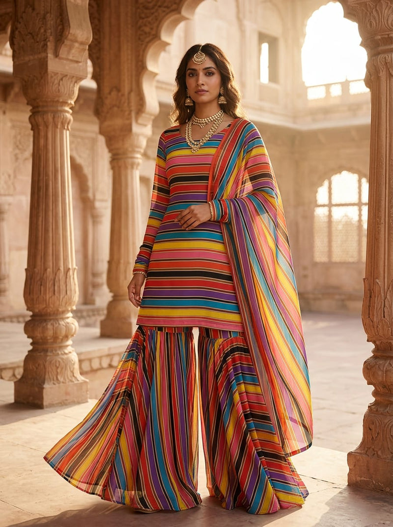 Multicolor Vibrant Multi-Stripe Pure Chiffon Digital Printed Fabric