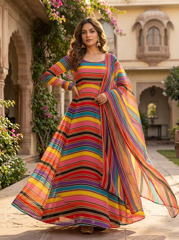 Multicolor Vibrant Multi-Stripe Pure Chiffon Digital Printed Fabric - Anarkali Kurta Set Lookbook - PCH-0-TA08324P3-96 - alternate view