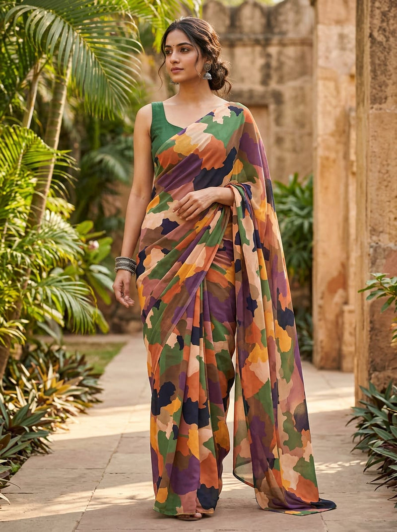 Multicolor Abstract Camouflage Pure Georgette Digital Printed Fabric